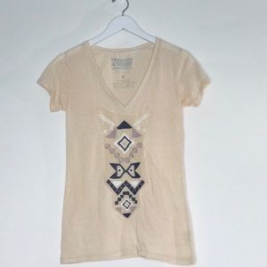 Threads 4 Thought Women's Size Medium Aztec Embroidered Cream V Neck Tee Shirt